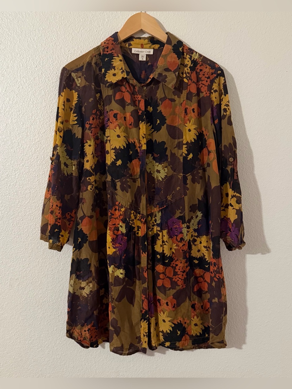 Coldwater Creek Cotton and Silk Blend Earth Tone Floral Button Up Tunic Women XL - Picture 8 of 13